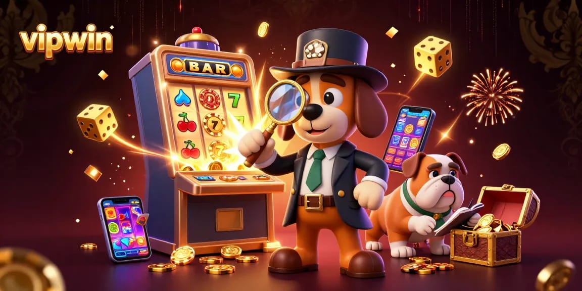 Engage with vipwin's thrilling casino experience, uncovering golden poker chip clues in a vibrant scene.