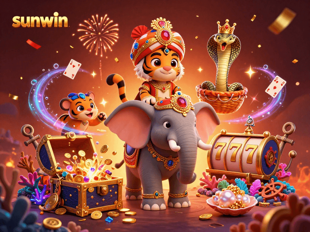 Win big with sunwin at an exciting casino adventure featuring vibrant characters and elements.