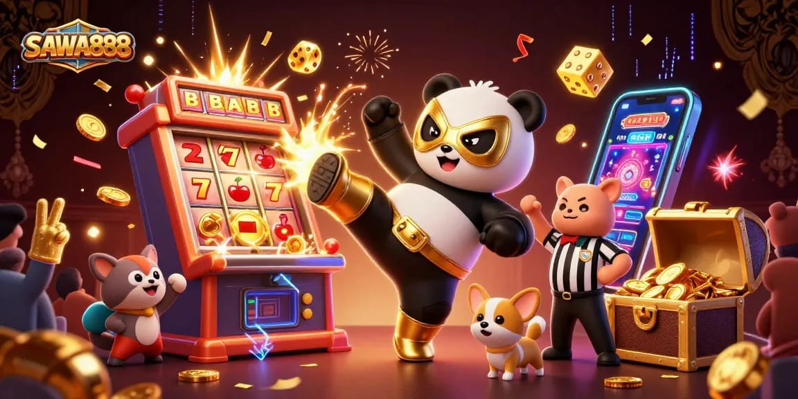 SAWA888 showcases a thrilling casino scene with a wrestler panda, wild spectators, and a jackpot explosion.