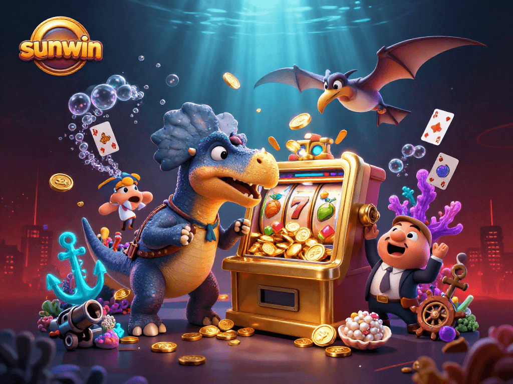 Experience sunwin's excitement with a pachycephalosaurus winning jackpots and vibrant casino elements.