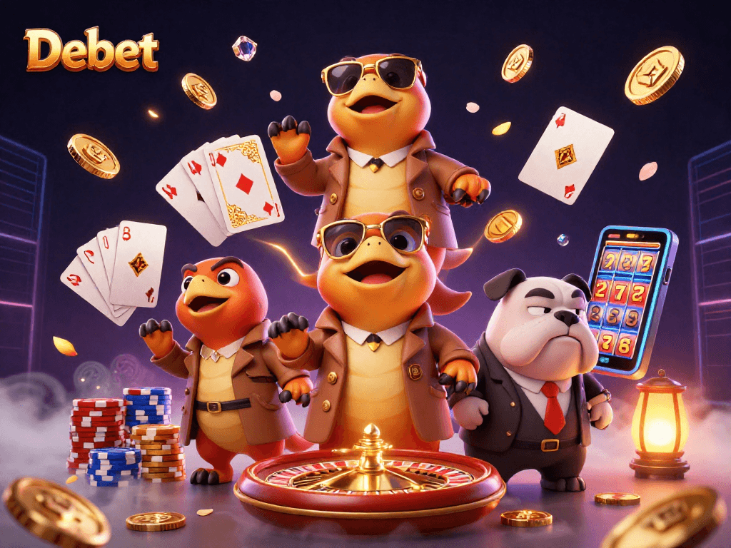 Experience the thrills at Debet casino with engaging raptors in a trench coat and golden coins cascading