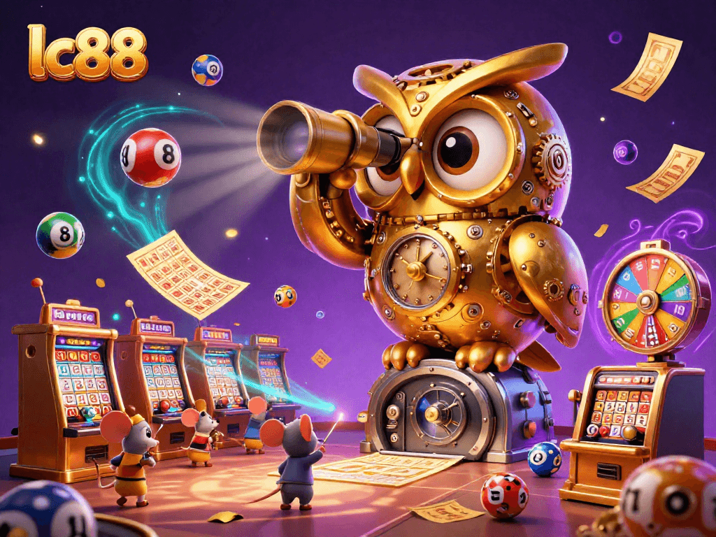 Engage with lc88's lively casino scene featuring a clockwork owl and vibrant games.