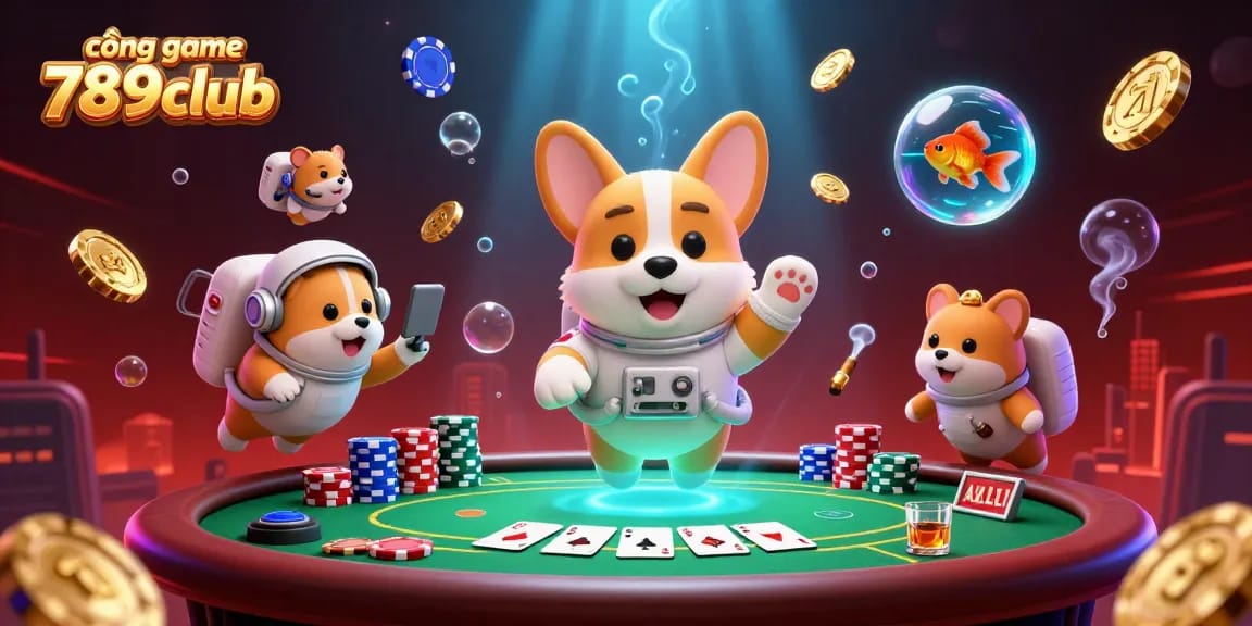 Experience the thrilling cổng game 789club with a vibrant 3D casino scene featuring floating poker chips and colorful characters.