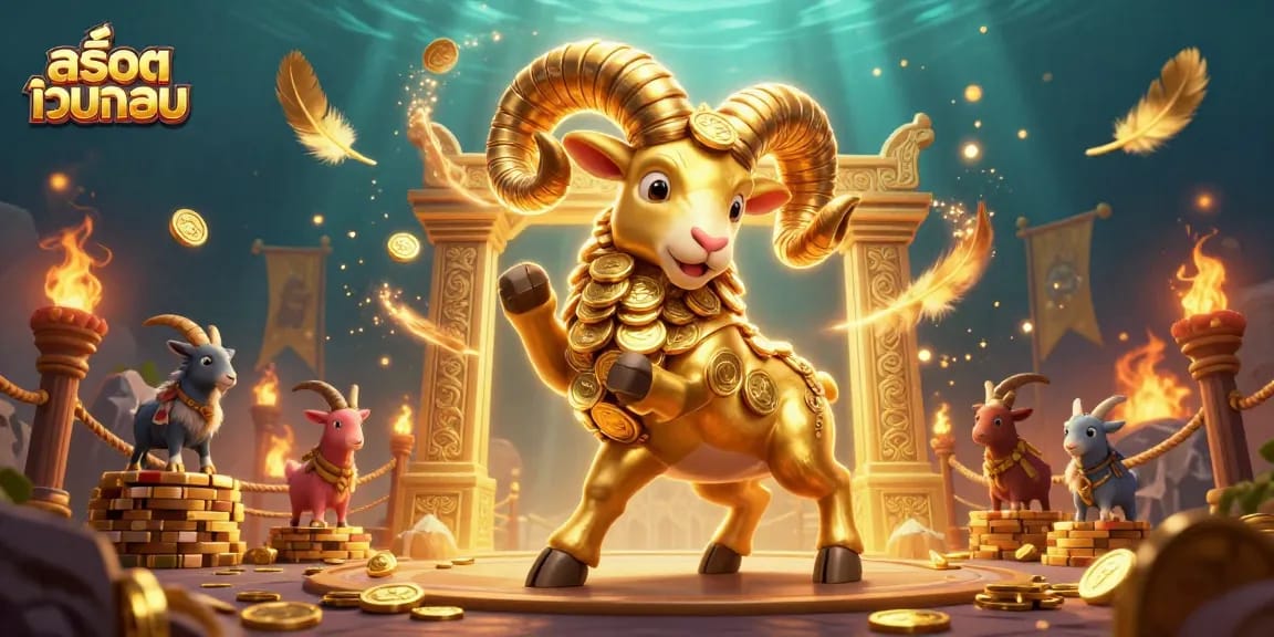 Engage with สล็อตเว็บตรง gameplay featuring a massive golden ram charging through a golden gate amidst dynamic casino elements.