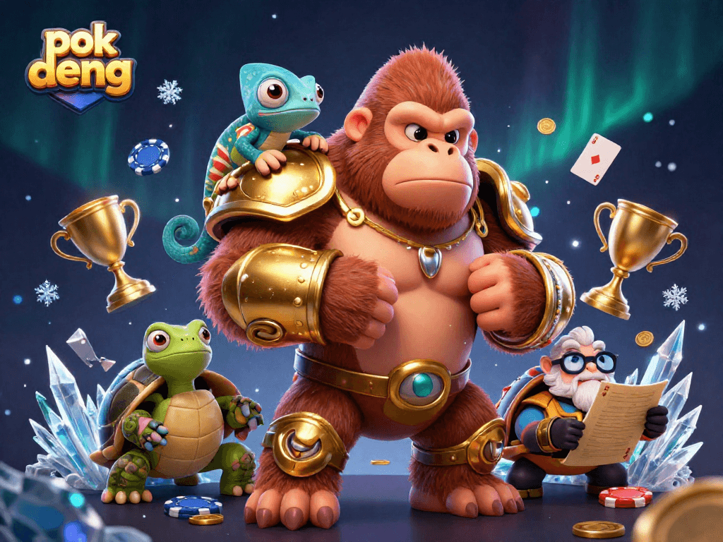 Experience the excitement of pok deng with a powerful gorilla king, chameleon spy, and wise tortoise in a vibrant casino scene.