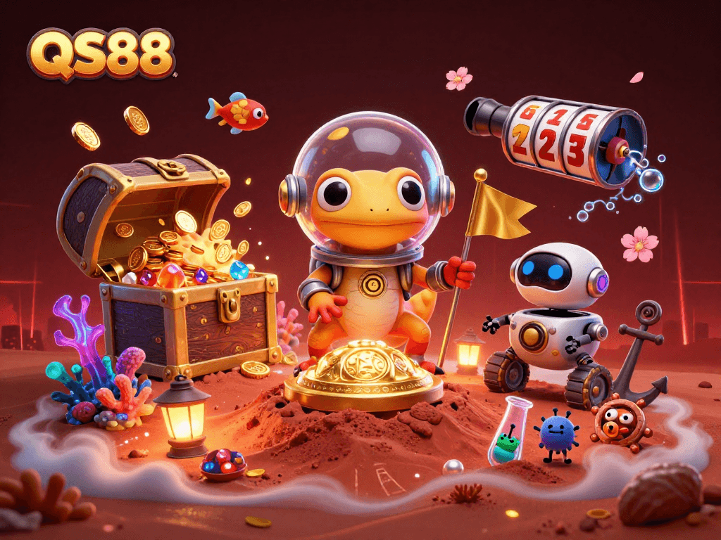 Engage in the casino adventure with QS88 featuring a Martian gecko and vibrant elements.
