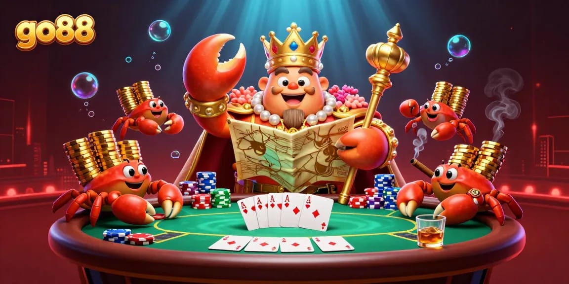 Join the go88 scene featuring a golden crab emperor, poker chips, and vibrant casino elements.
