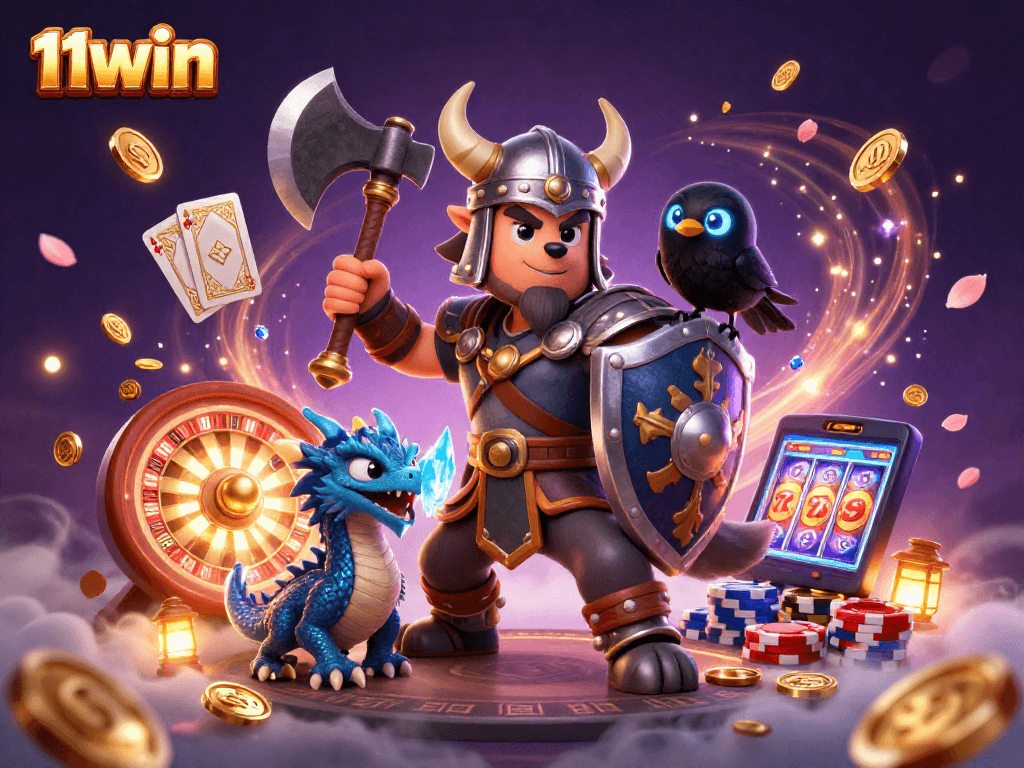 Engage with thrilling 11WIN casino adventures featuring a Viking warrior, dragon, and raven.