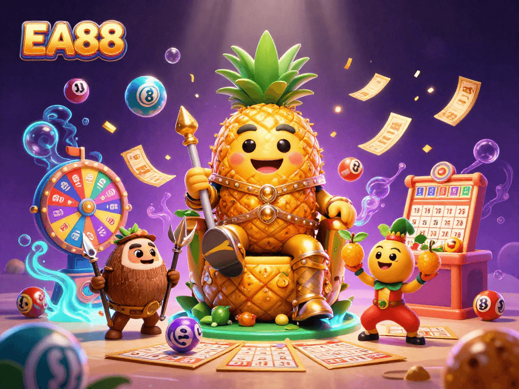Engage with EA88's vibrant casino scene featuring a golden pineapple king and dynamic game elements.