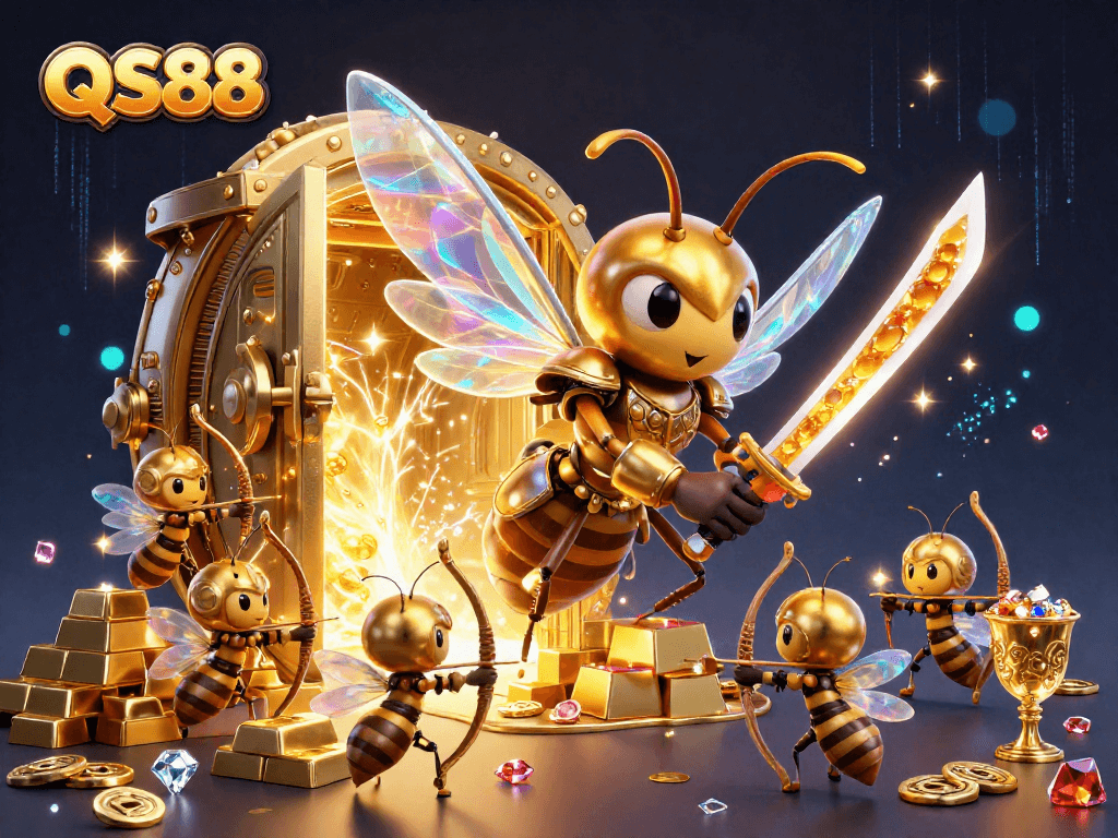 Experience the excitement of QS88 with a colorful 3D illustration of a giant hornet warrior among treasures and dynamic casino elements.