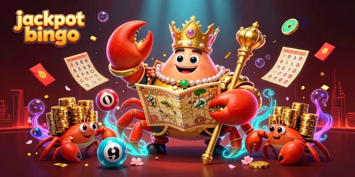 Experience jackpot bingo thrills with a golden crab emperor and vibrant game elements in a magical scene.