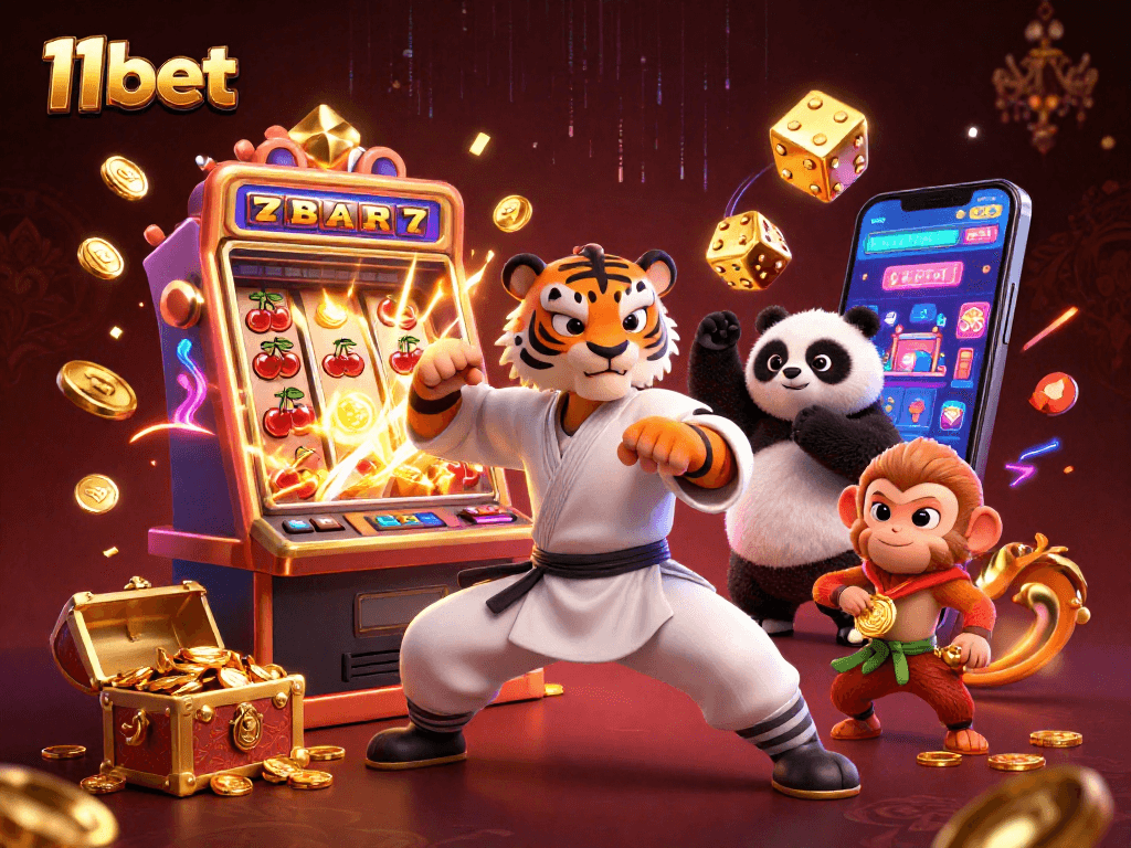 Experience thrilling action at 11bet with cartoon characters mastering their luck in a vibrant casino