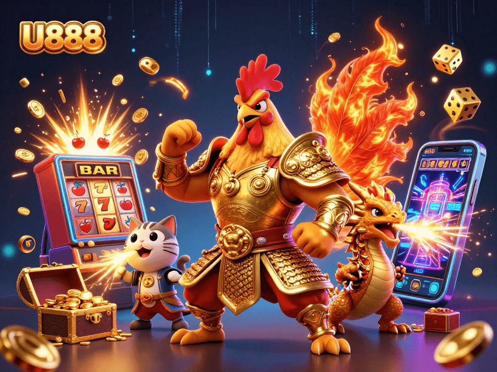 Experience the thrill of U888 with a powerful rooster warrior and jackpot magic in a vibrant casino scene.