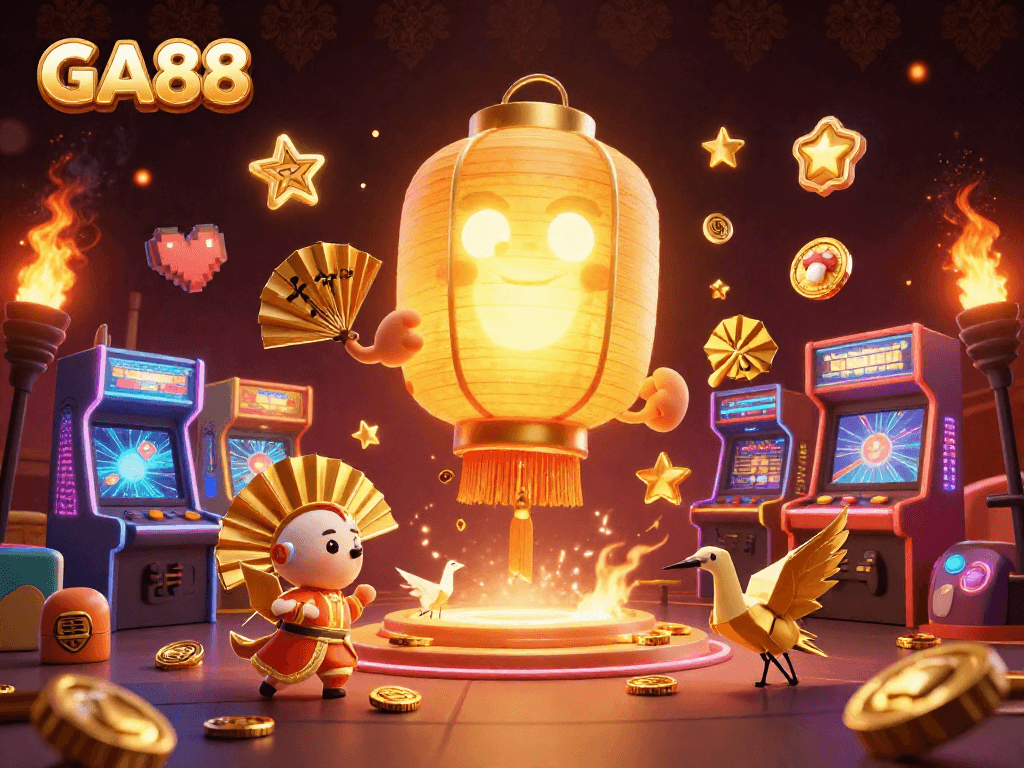 Experience the vibrant atmosphere of GA88 with a golden lantern spirit and arcade elements in this casino illustration.