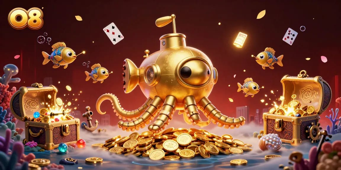 Experience O8's thrilling adventure with a golden kraken submarine and mechanical fish in a treasure-filled underwater world.