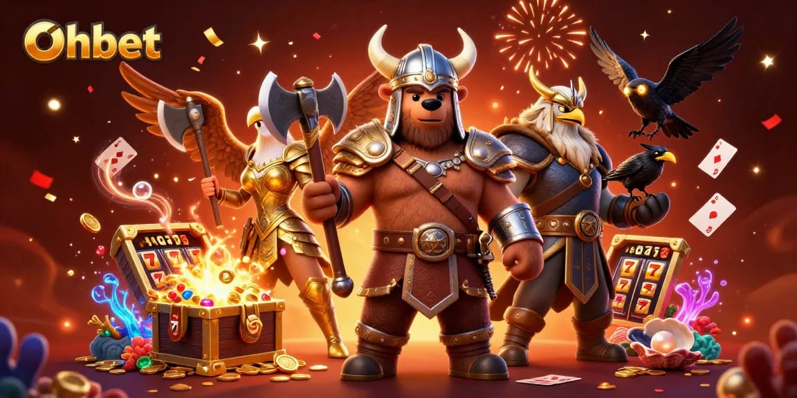Experience thrilling gaming action with Oxbet's Viking bear and Valkyrie in an enchanted casino.