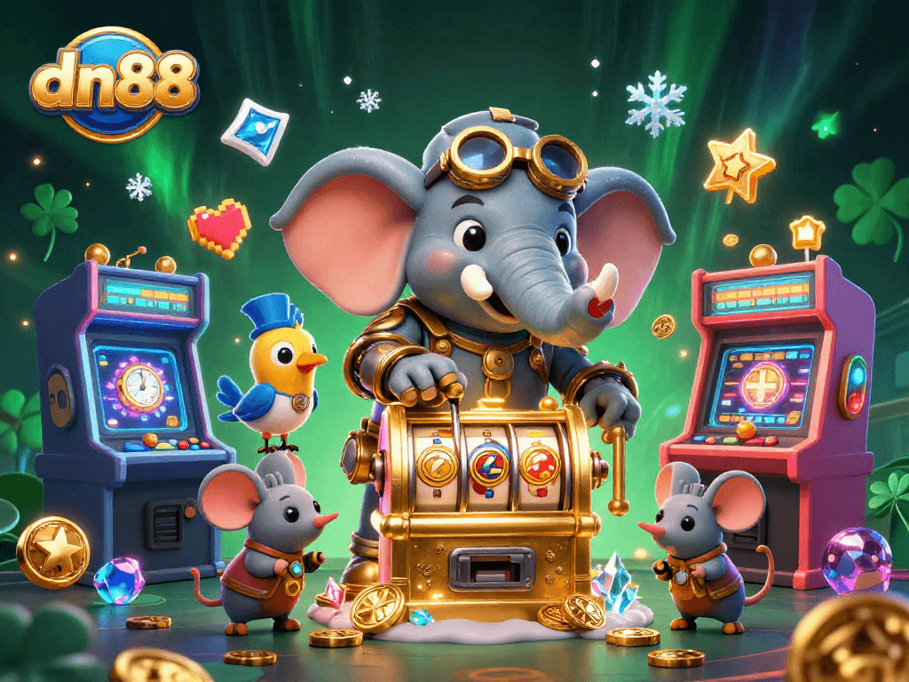 Engage with dn88 players in a stunning 3D casino scene featuring vibrant game machines and steampunk characters.