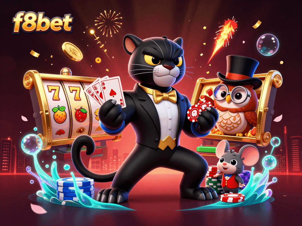 f8bet showcases a vibrant 3D casino scene with a stylish panther, owl, and mouse, dealing cards.