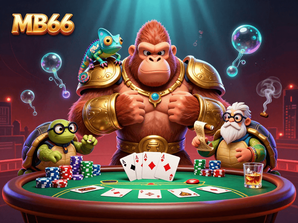 MB66 gameplay scene with a gorilla king and colorful casino elements, showcasing poker excitement.