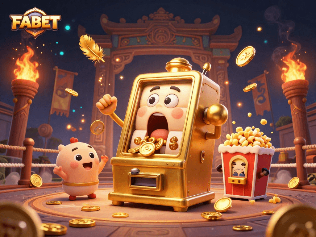 FABET animated slot machine surprises with a jackpot, surrounded by cheering baby slots, coins, and festive elements.