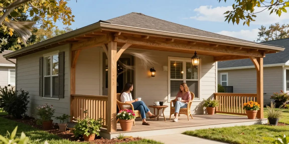 Elegant oak porches with couples enjoying coffee on a charming home