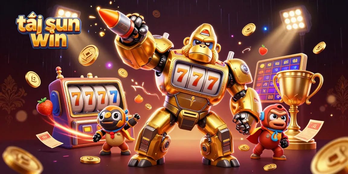 Win big with tải sun win in this vibrant illustration showcasing a golden mech and casino elements.