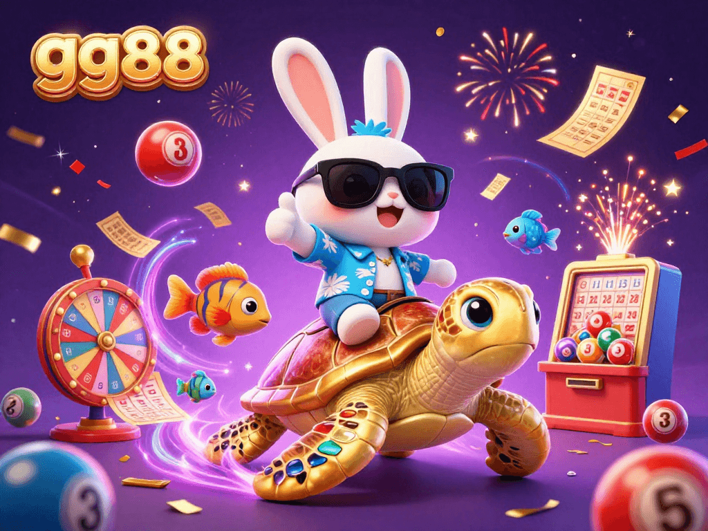 Engage in exhilarating lottery excitement with gg88 while a lucky rabbit and sea turtle celebrate amidst vibrant gaming elements.