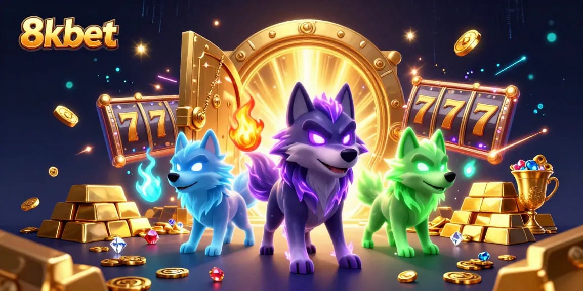 Experience the excitement of 8kbet with a dynamic illustration featuring rich casino elements.