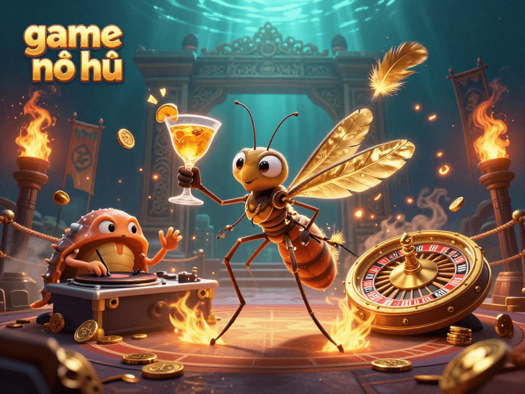 Engage with game nổ hũ in a vibrant 3D casino scene with golden elements and animated characters.