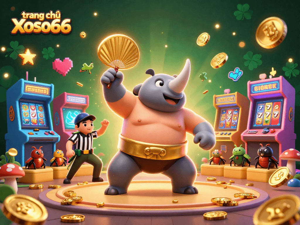Watch the 3D rhinoceros beetle sumo champion stomp coins at trang chủ Xoso66, surrounded by lively casino game elements.