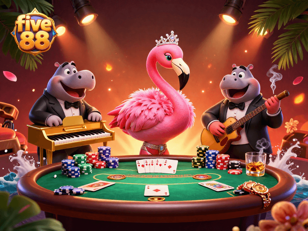 Engage with five 88's vibrant poker scene featuring a flamingo singer and hippo bassist.