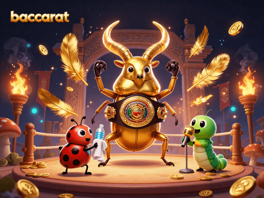 Baccarat showdown featuring a cartoon stag beetle champion, ladybug coach, and a caterpillar announcer.