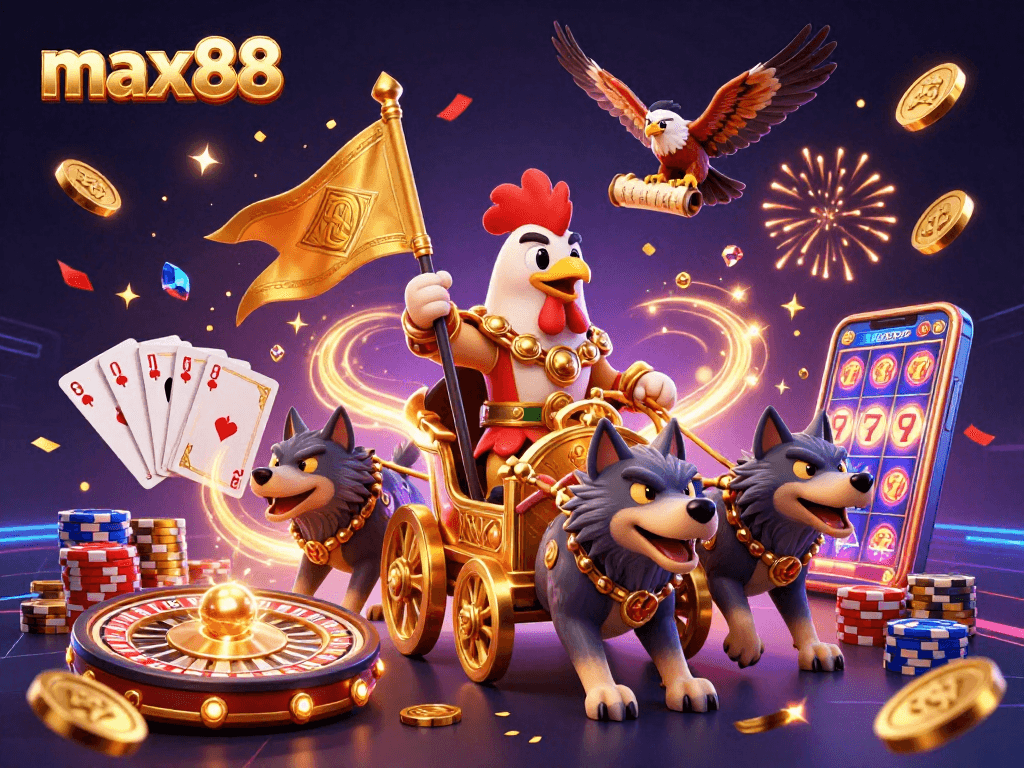 Experience the thrill of max88 with a 3D illustration of an action-packed casino scene featuring dynamic characters and vibrant elements.