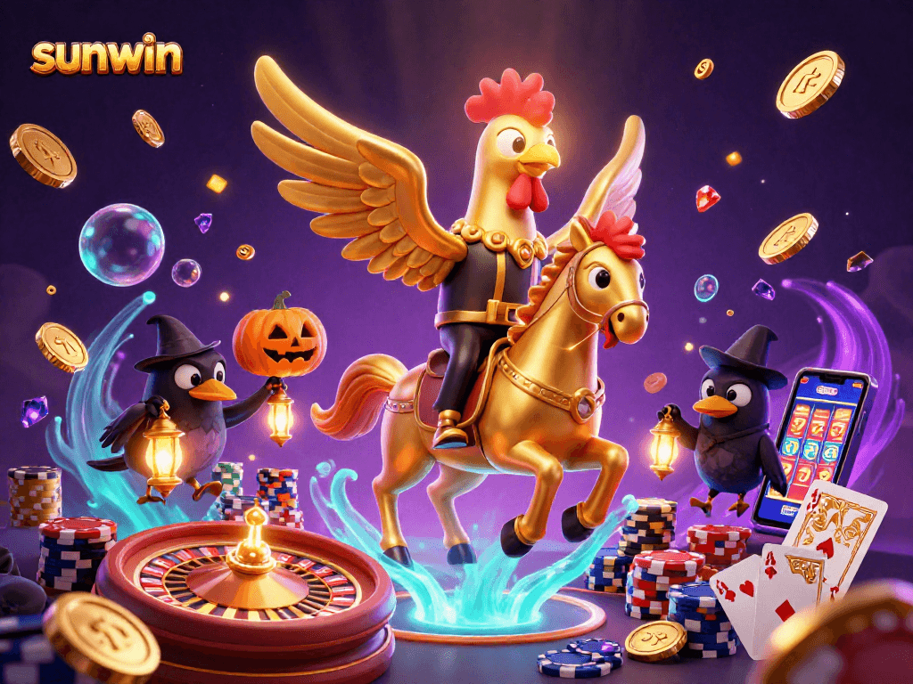 Experience thrill with sunwin in a vibrant casino scene featuring gold coins and a golden rooster.