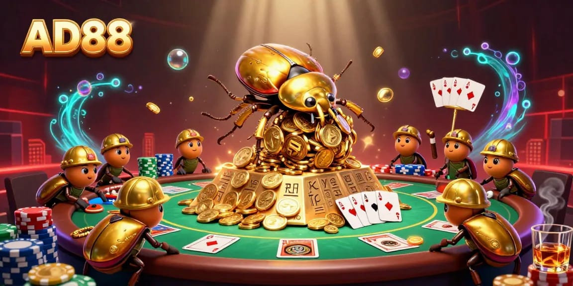 AD88 delivers an exciting casino experience featuring a golden beetle rolling coins at a vibrant poker scene.