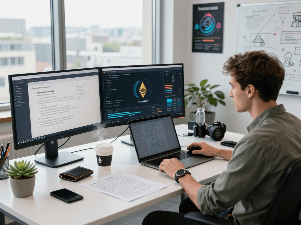 Tornardocash cryptocurrency analysis workspace with digital displays and blockchain notes in a modern office setting
