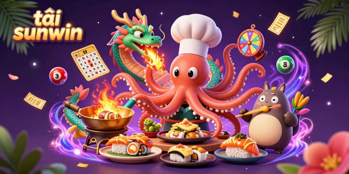 Engage with vibrant gaming excitement in "tải sunwin" featuring a cartoon octopus chef, a dragon, and dynamic game elements.