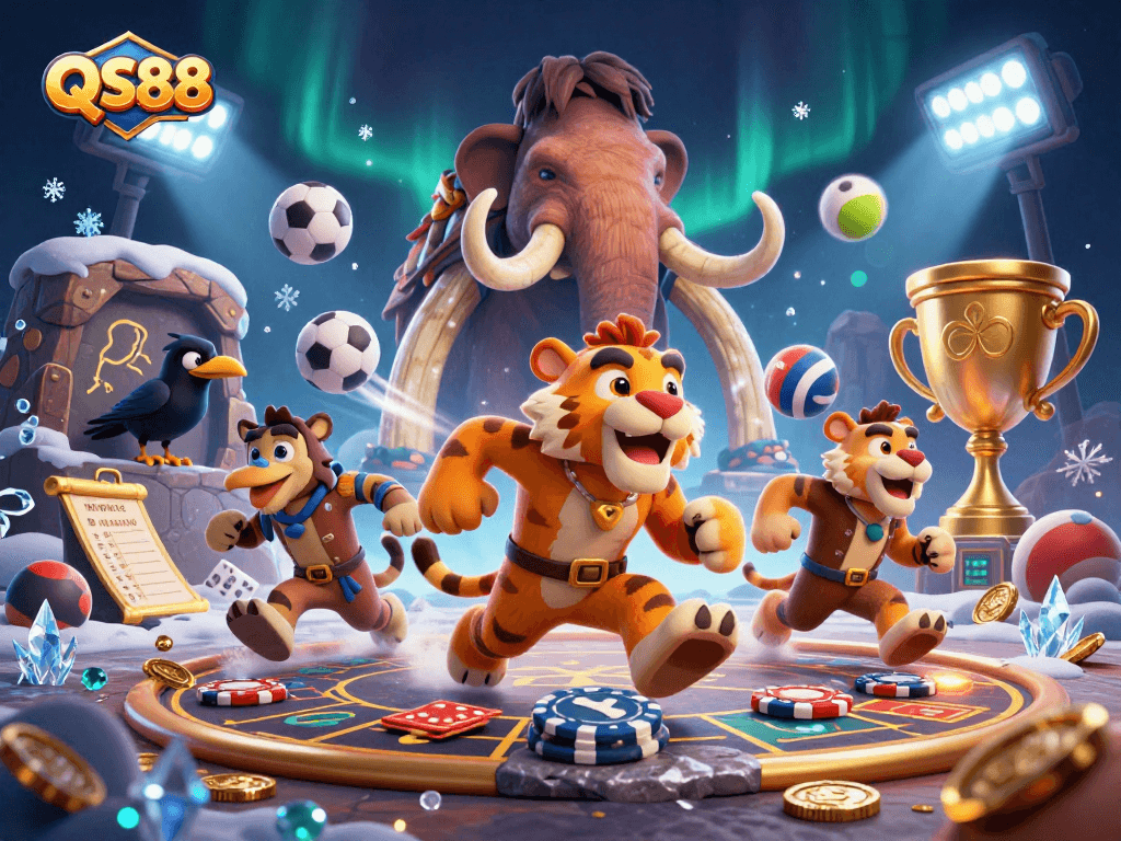 Engage with QS88's thrilling prehistoric casino featuring a dynamic duo and clever crow in action.