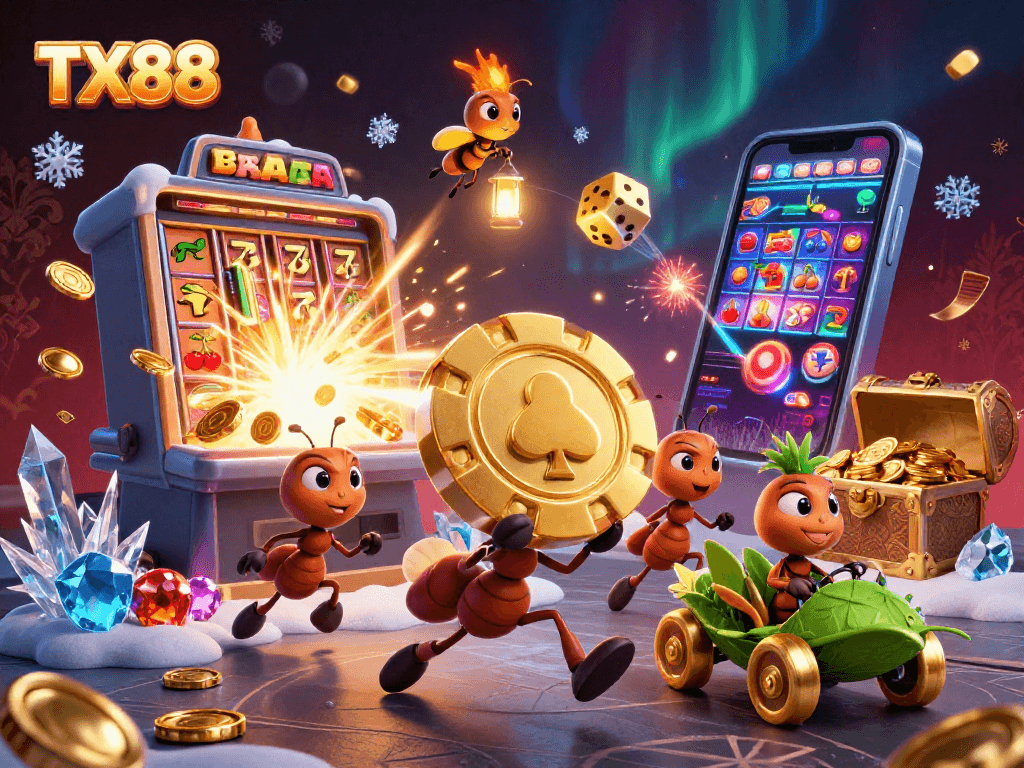 Experience the thrill of TX88 with ants heisting a giant poker chip in this lively casino-themed scene.