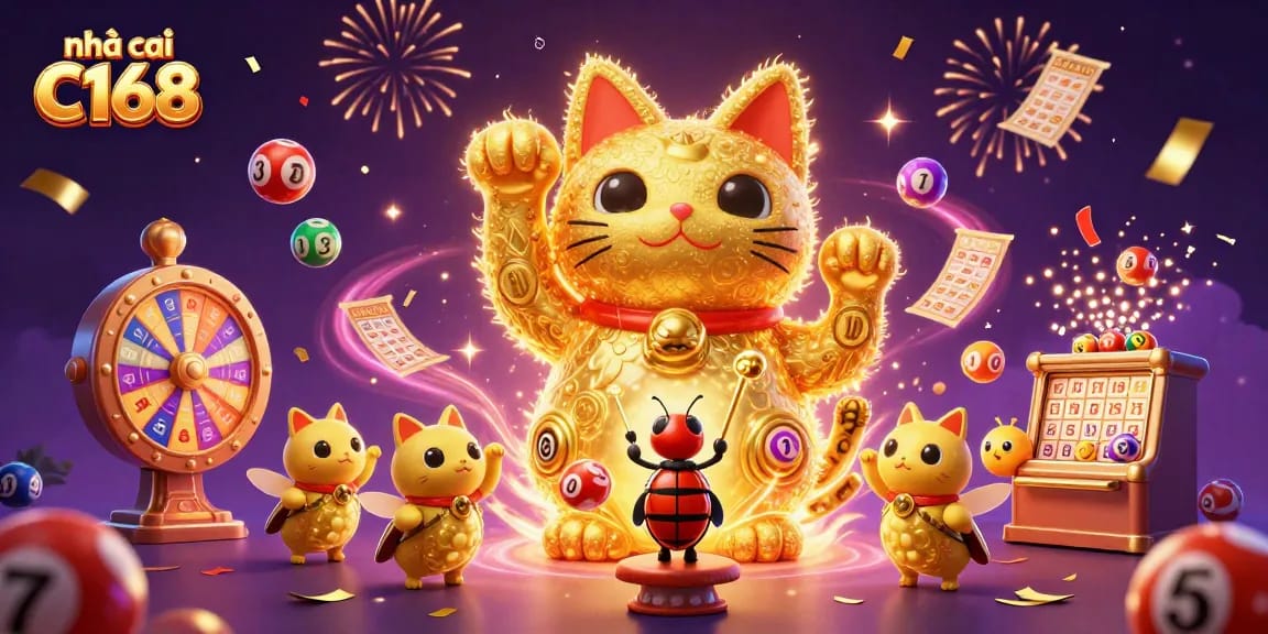 Join the excitement at nhà cái C168 with a vibrant scene showcasing golden fireflies and dynamic lottery elements.