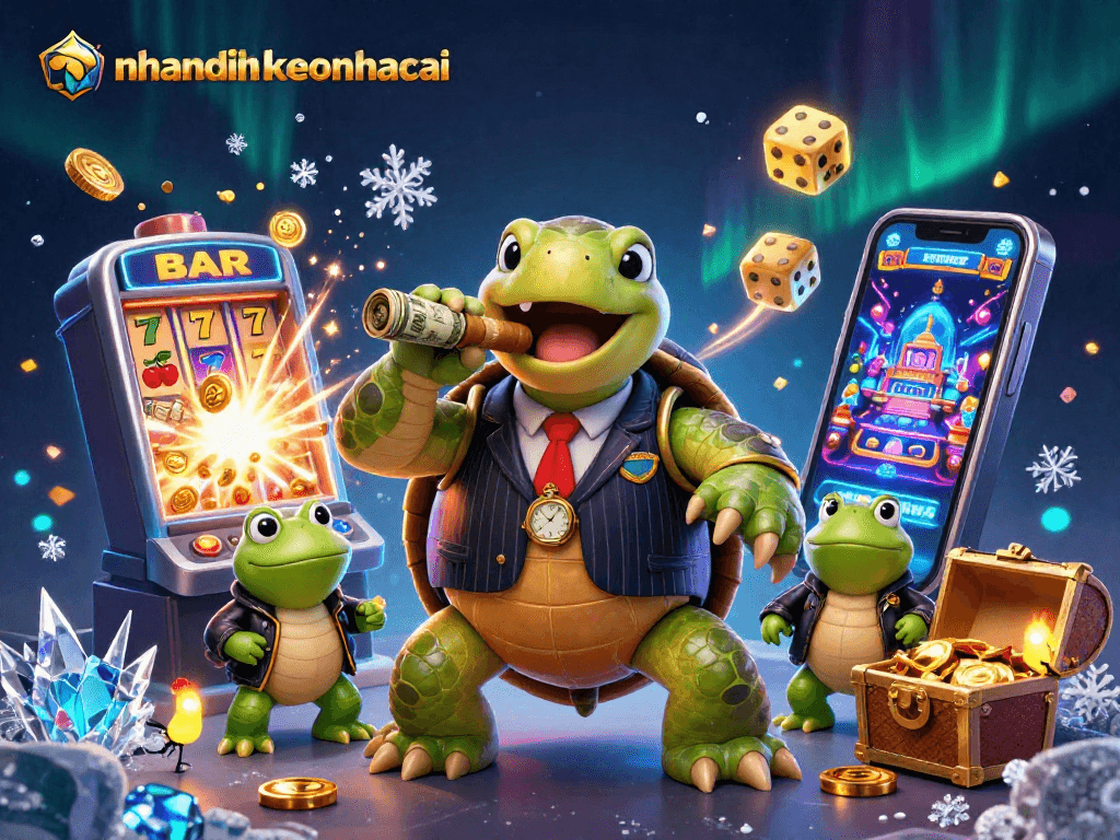nhandinhkeonhacai showcases a vibrant casino scene with a snapping turtle mobster and bullfrog enforcers.