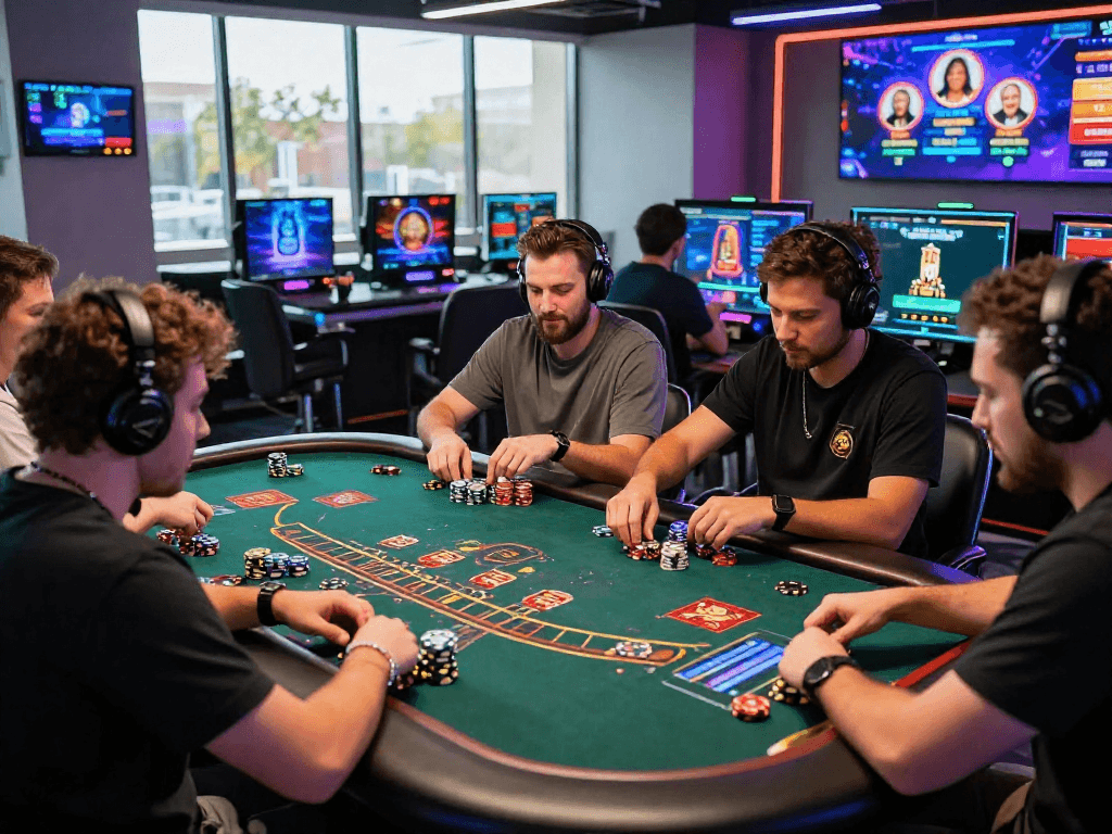 Exciting crypto casino gaming scene with players enjoying blackjack on vibrant devices.