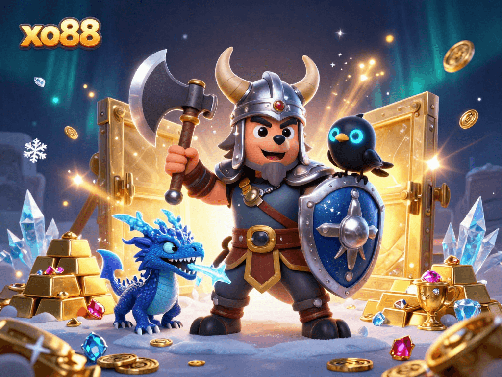 Experience winning gameplay at xo88 with a vibrant Viking scene framed by treasures.