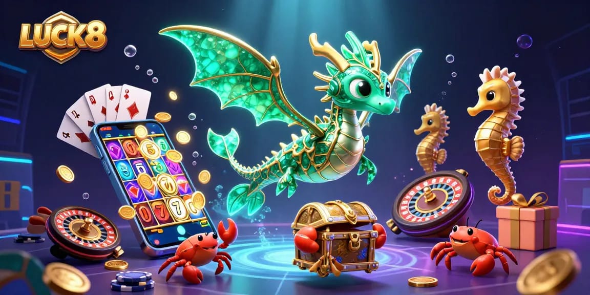 Experience LUCK8 with a vibrant underwater casino scene featuring a dragon and lively gaming elements.