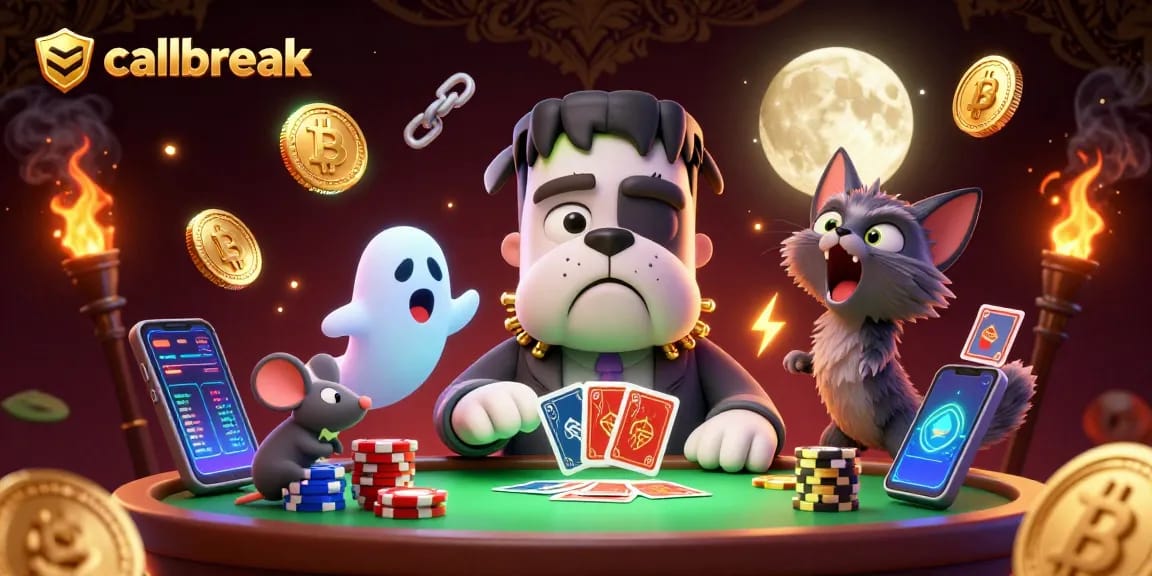 Experience thrilling callbreak gameplay with a 3D cartoon monster dealing cards amidst ghostly fun.