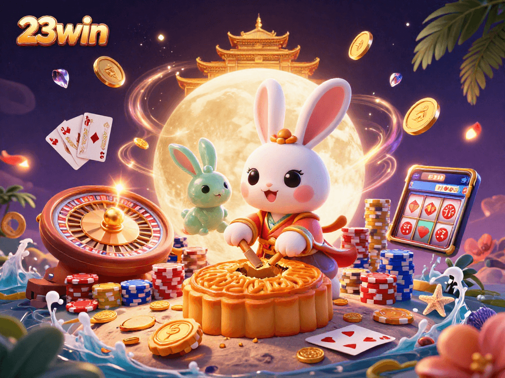 Experience excitement at 23win with a lively casino scene featuring golden coins and poker chips.