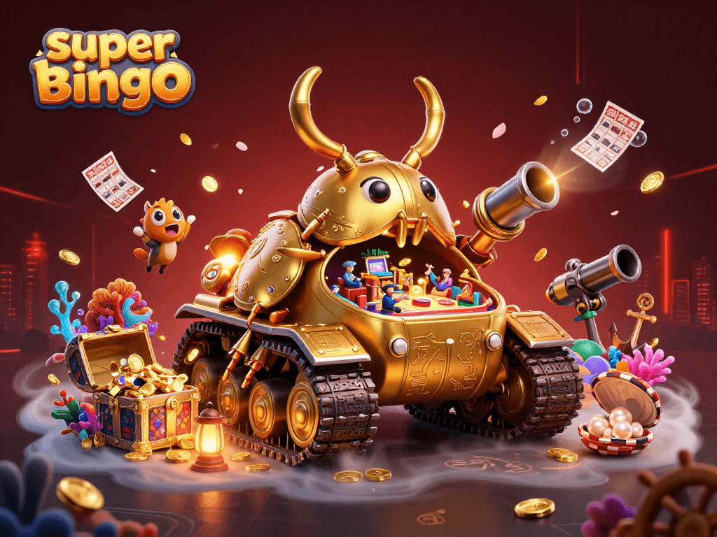 Experience thrilling gameplay with Super Bingo in a vibrant 3D casino scene filled with excitement and treasures.