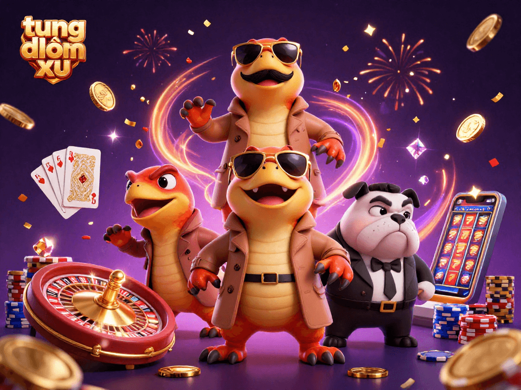 Play tung đồng xu with 3D raptors in a trench coat attempting entry into a casino, rich in vibrant gaming details.