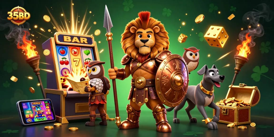 Experience exciting wins at 35BD with a vibrant 3D casino-themed scene bursting with action.