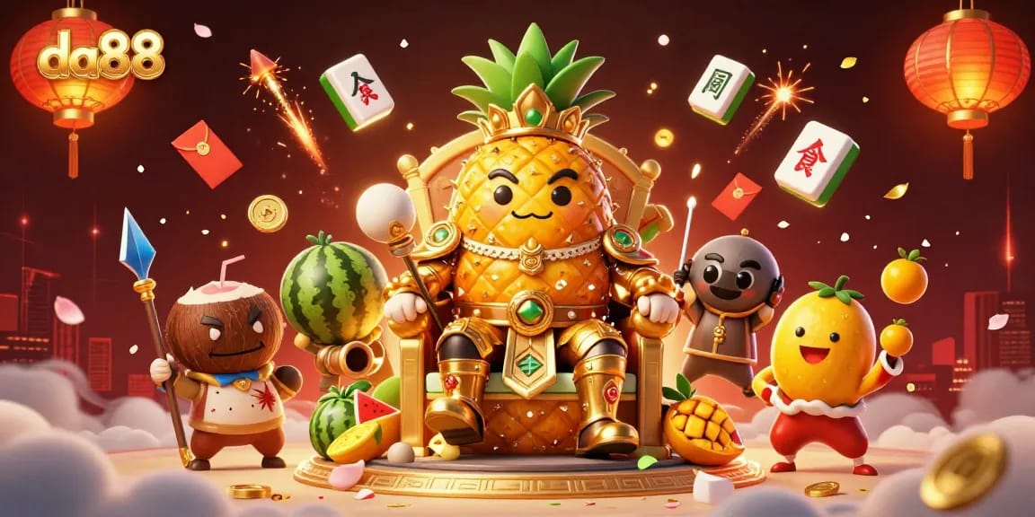 Engage with the vibrant da88 casino world featuring a golden pineapple king and dynamic gambling elements.